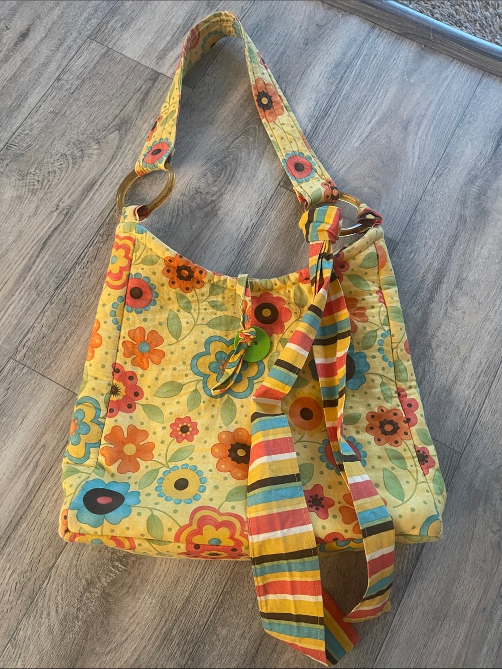 Yellow Floral Cotton Shoulder Bag with Striped Tie